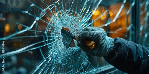 Close-up of a gloved hand breaking a glass window with a tool, representing vandalism, crime, and destruction in an urban environment. photo