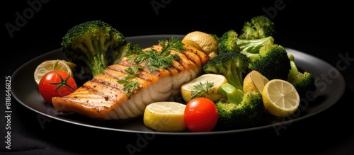 A plate of fish fillet accompanied by a variety of vegetables such as broccoli cauliflower tomatoes and potatoes is elegantly presented on a dark dish placed against a grey backdrop in this copy space © vxnaghiyev
