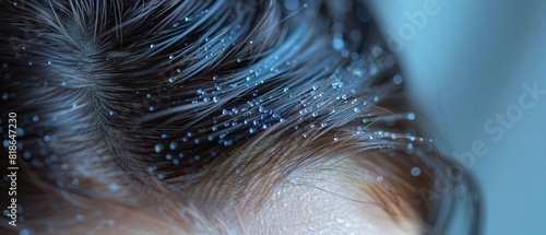 Close-up of a person's scalp with visible dandruff flakes in their dark brown hair, highlighting hair and scalp condition in detail. photo