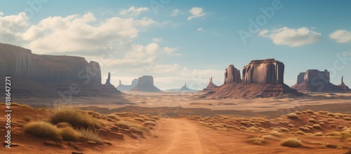 Experience a picturesque journey as you drive through the captivating landscapes of Monument Valley Navajo Tribal Park offering a stunning copy space image photo