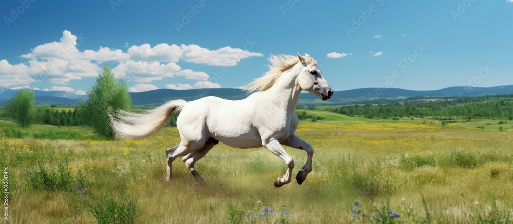 A white horse galloping freely across a sunny summer pasture with plenty of open space for it to run copy space image A white horse galloping freely across a sunny summer pasture with plenty of open space for it to run copy space image