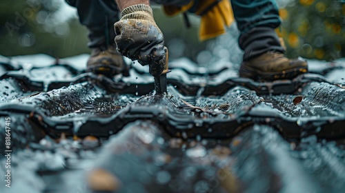 Close-up of a worker's hands repairing a roof in wet conditions, demonstrating precision and safety measures in construction work. photo
