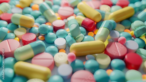 Different colours of pills and capsules top view medical website background elements