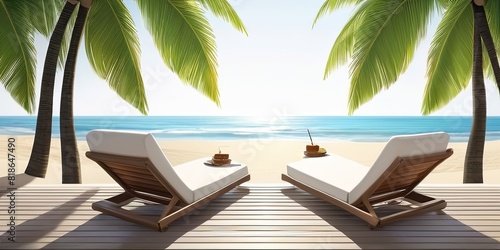 Beach view wallpaper with relaxing chairs to enjoy summer holidays