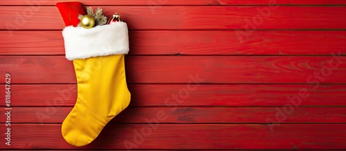 Christmas and New Year concept with a red Santa stocking placed on a yellow wooden background providing copy space image photo