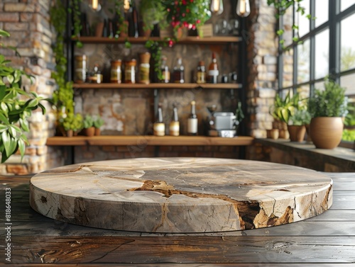 Elegant Gourmet Kitchen Countertop Display Backdrop with Shelving  Wood Platform  and Marble Worktop for Product Presentation or Recipe Demonstration. Clean  Minimal Culinary Stage.