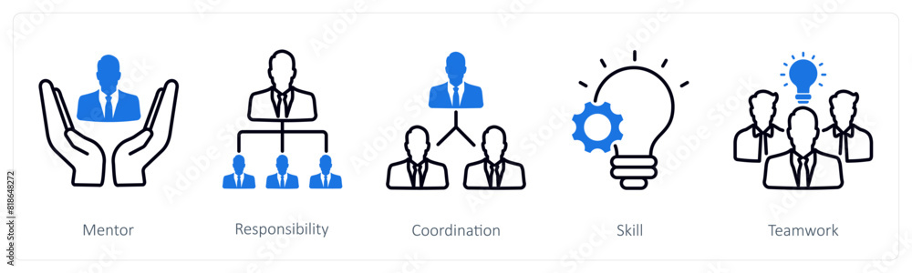 A set of 5 Business and Office icons as mentor, responsibility, coordination, skill A set of 5 Business and Office icons as mentor, responsibility, coordination, skill
