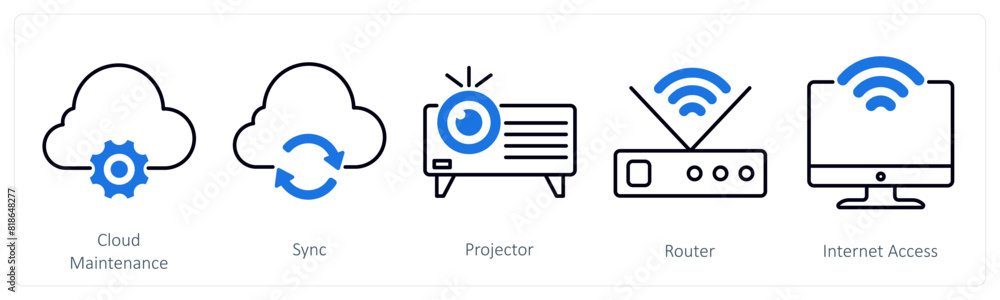 A set of 5 Business and Office icons as cloud maintenance, sync, projector A set of 5 Business and Office icons as cloud maintenance, sync, projector