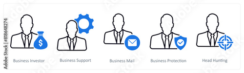 A set of 5 Business and Office icons as business investor, business support, business mail