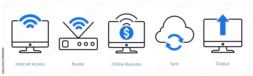 A set of 5 Business and Office icons as internet access, router, online business A set of 5 Business and Office icons as internet access, router, online business