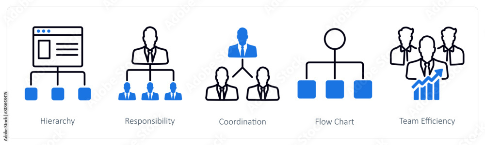 A set of 5 Business and Office icons as hierarchy, responsibility, coordination A set of 5 Business and Office icons as hierarchy, responsibility, coordination