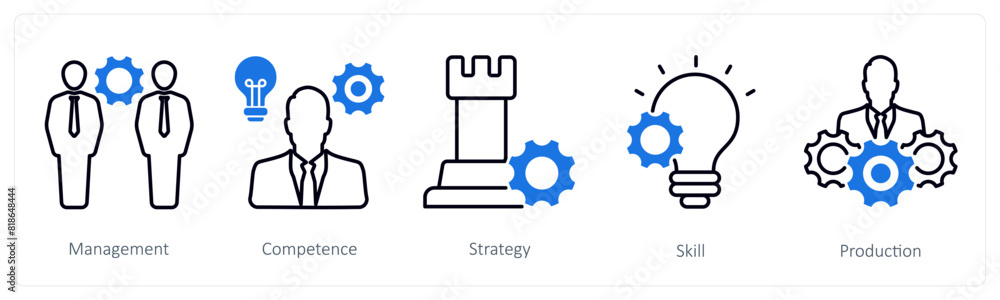 A set of 5 Business and Office icons as management, competence, strategy A set of 5 Business and Office icons as management, competence, strategy