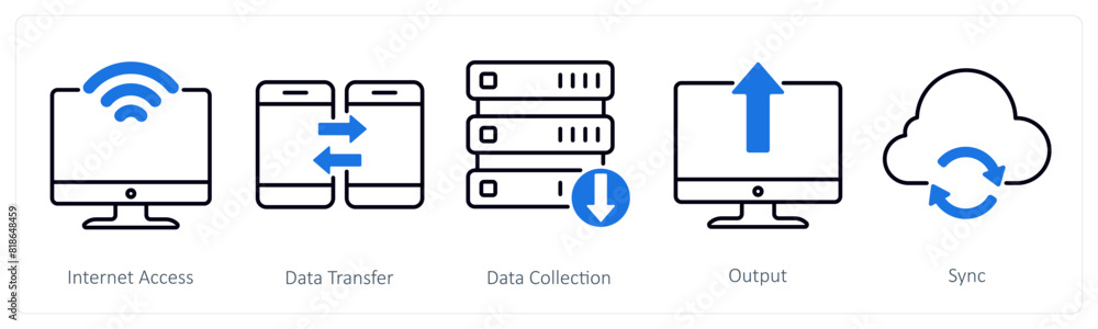 A set of 5 Business and Office icons as internet access, data transfer, data collection A set of 5 Business and Office icons as internet access, data transfer, data collection