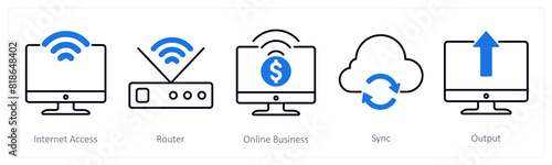 A set of 5 Business and Office icons as internet access, router, online business