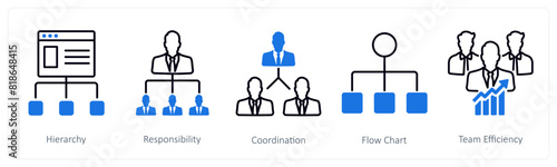 A set of 5 Business and Office icons as hierarchy, responsibility, coordination