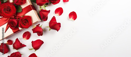 Fototapeta Naklejka Na Ścianę i Meble -  Flat lay image of a stunning gift box adorned with a bow and red roses set against a white backdrop Ample copy space available