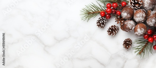 A festive Christmas background featuring a Pinophyta tree branch adorned with brown pinecones tree leaves and red fruits It is set against a white marble backdrop creating a beautiful copy space imag photo