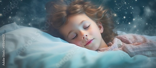The child peacefully sleeps on their stomach in a cozy bed with their bare feet sticking out from under the blankets The image depicts a serene morning dream of a happy childhood Copy space is availab