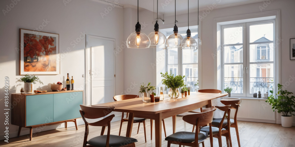 Modern Dining Room with Wooden Table. A simple dining room with a wooden table and chairs,  pendant lights