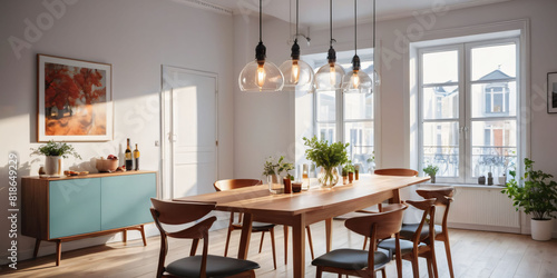 Modern Dining Room with Wooden Table. A simple dining room with a wooden table and chairs   pendant lights