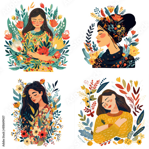A set of four paintings of women with flowers in their hair. The women are all smiling and appear to be happy. The paintings are colorful and vibrant, with a lot of detail in the flowers and leaves
