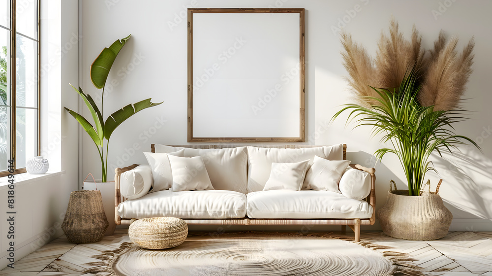 Blank horizontal poster frame mock up in style living room interior, modern living room interior background, beige sofa and pampas grass Blank horizontal poster frame mock up in style living room interior, modern living room interior background, beige sofa and pampas grass