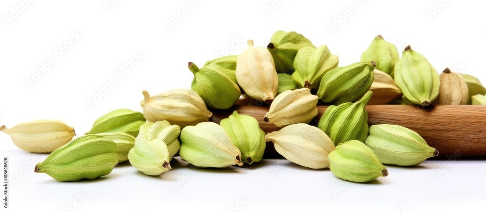 A close up shot displaying green cardamom pods isolated on a white background with copy space available for text or images It represents a spices food and cooking concept A close up shot displaying green cardamom pods isolated on a white background with copy space available for text or images It represents a spices food and cooking concept