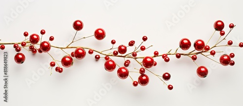 A festive branch adorned with Christmas baubles set against a white background creates an ideal copy space image