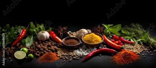 Cooking spices and condiments arranged on a black surface providing ample copy space for images © vxnaghiyev