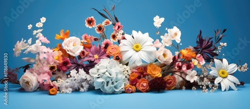 A gorgeous arrangement of flowers set against a vibrant blue backdrop creating a stunning copy space image © vxnaghiyev