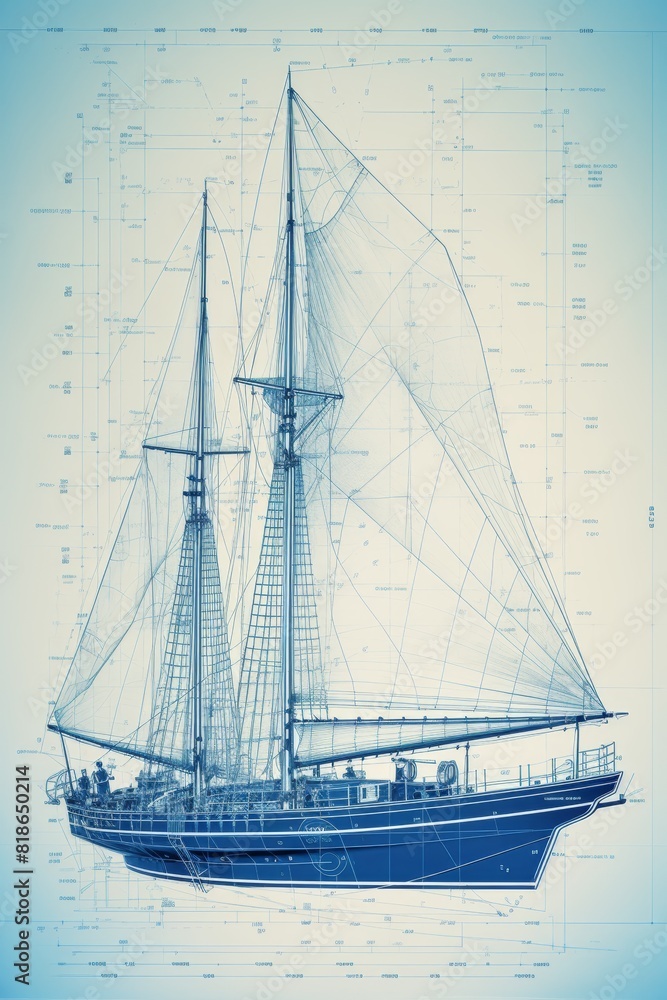  Technical blueprint of an boat on a blue background 
