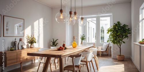 Modern Dining Room with Wooden Table. A simple dining room with a wooden table and chairs, pendant lights
