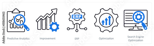 A set of 5 Industrial icons as predictive analytics, improvement, erp