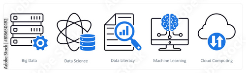 A set of 5 Industrial icons as big data, data science, data literacy