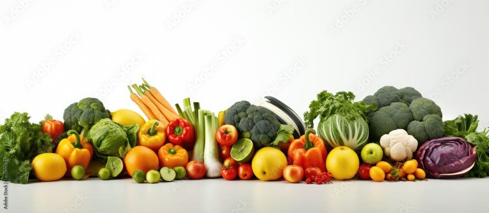 A high resolution food photography image featuring various fruits and vegetables isolated on a white background with organic food concept and copy space