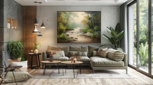 A rustic living room with a comfortable beige linen sofa  a framed pastoral painting depicting a tranquil countryside scene