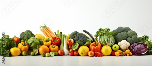 A high resolution food photography image featuring various fruits and vegetables isolated on a white background with organic food concept and copy space