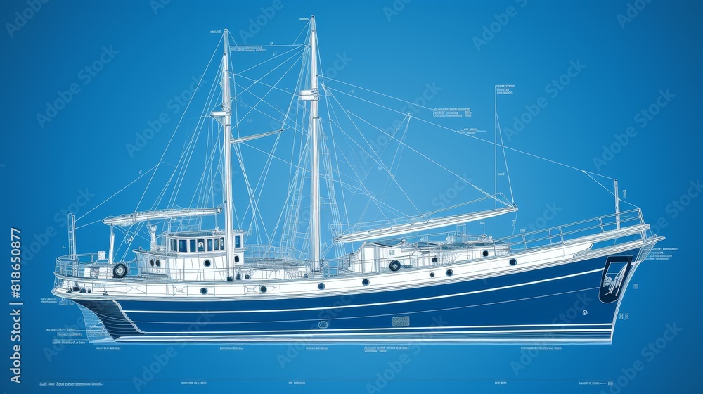  Technical blueprint of an boat on a blue background 
