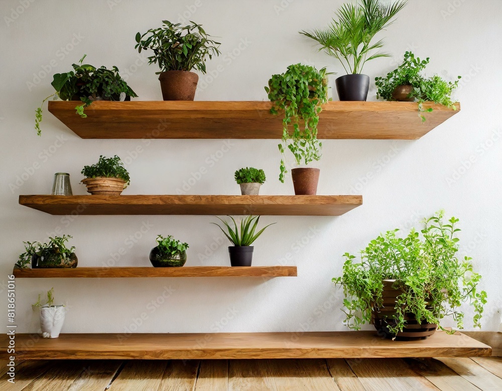 brown wooden raw edge floating shelves on a white wall, adorned with green potted house plants. Highlight the natural and modern aesthetic. brown wooden raw edge floating shelves on a white wall, adorned with green potted house plants. Highlight the natural and modern aesthetic.
