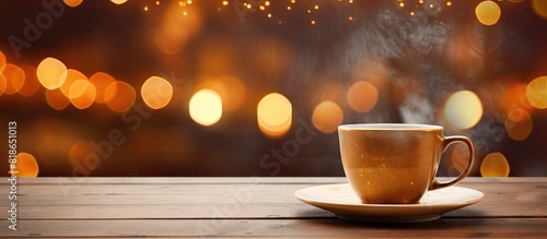 Close up of a cup of drink on a wooden table with blurred lights in the background Ample copy space image available for text