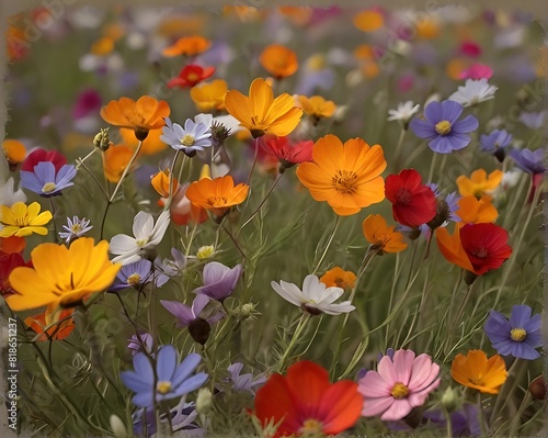 A breathtaking field of wildflowers, each petal a unique and vibrant color, stretching as far as the eye can see.