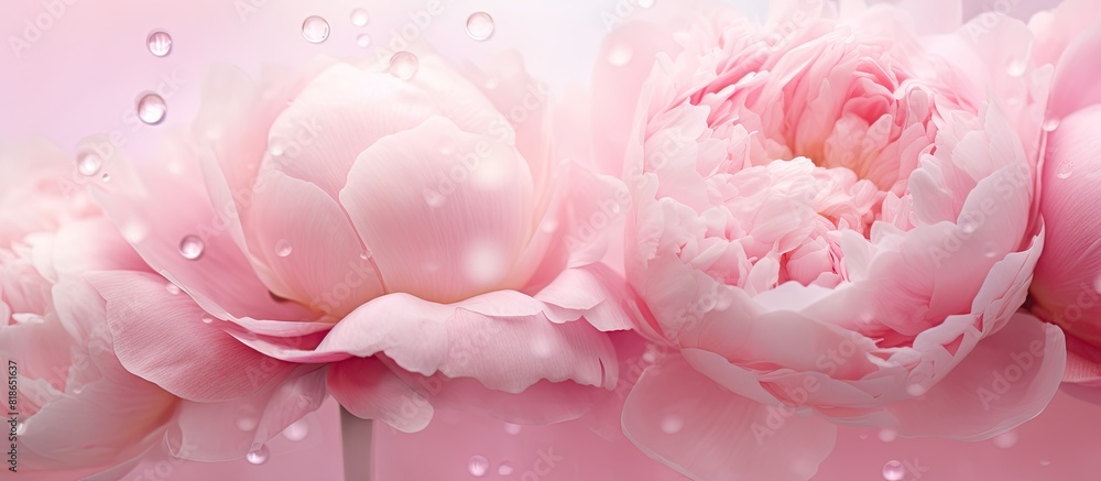 Delicate peony petals glistening with dew drops create a beautiful floral backdrop offering ample space for adding text or images