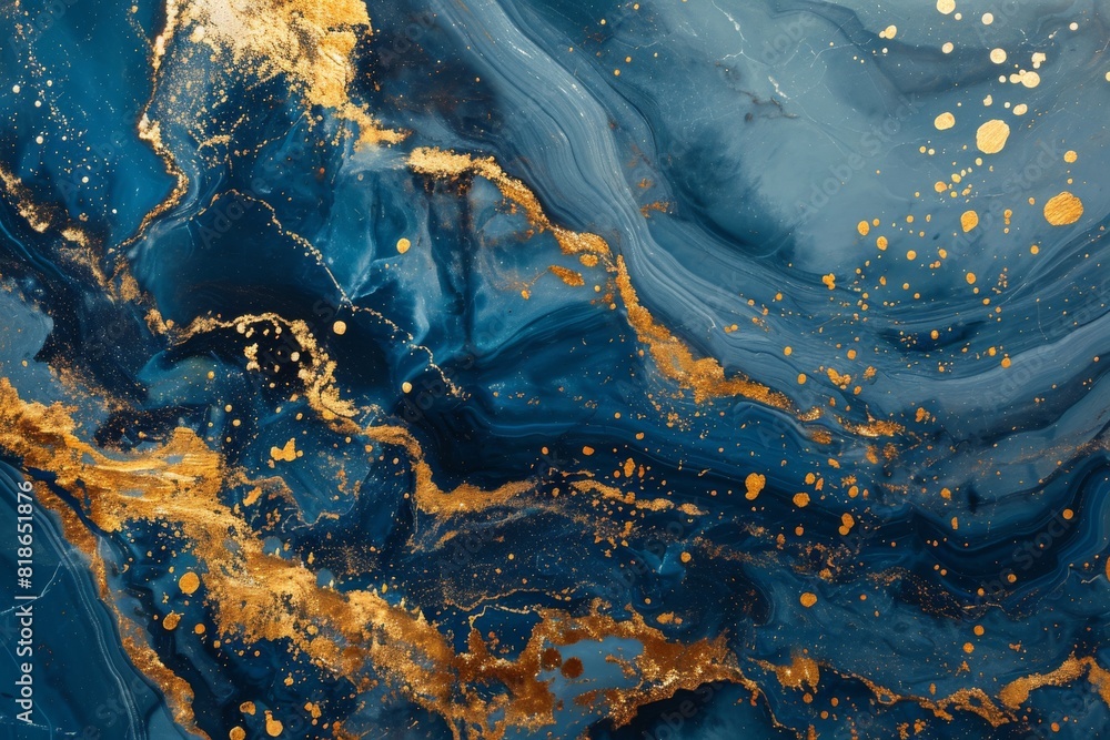 Fototapeta premium Abstract blue color marble texture with gold splashes, blue luxury background, Ai generated