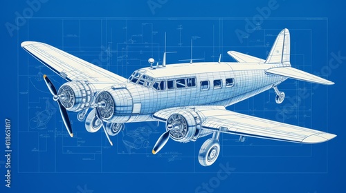 Technical blueprint of an airplane on a blue background