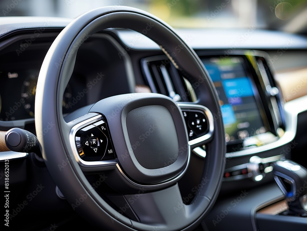 Close-up of a modern car interior focusing on the steering wheel and dashboard. The image highlights the sleek design and advanced technology of the vehicle's control system.