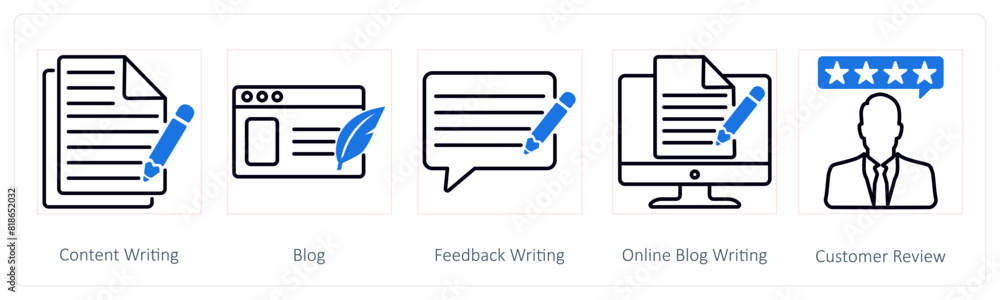 A set of 5 Seo icons as content writing, blog, feedback writing, online blog writing A set of 5 Seo icons as content writing, blog, feedback writing, online blog writing