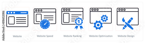 A set of 5 Seo icons as website, webiste speed, website ranking