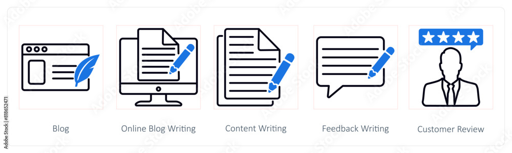 A set of 5 Seo icons as blog, online blog writing, content writing A set of 5 Seo icons as blog, online blog writing, content writing