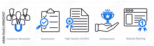 A set of 5 Seo icons as customer attraction, assessment, hight quality content