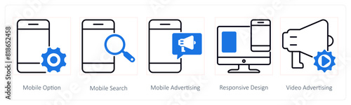 A set of 5 Seo icons as mobile option, mobile search, mobile advertising